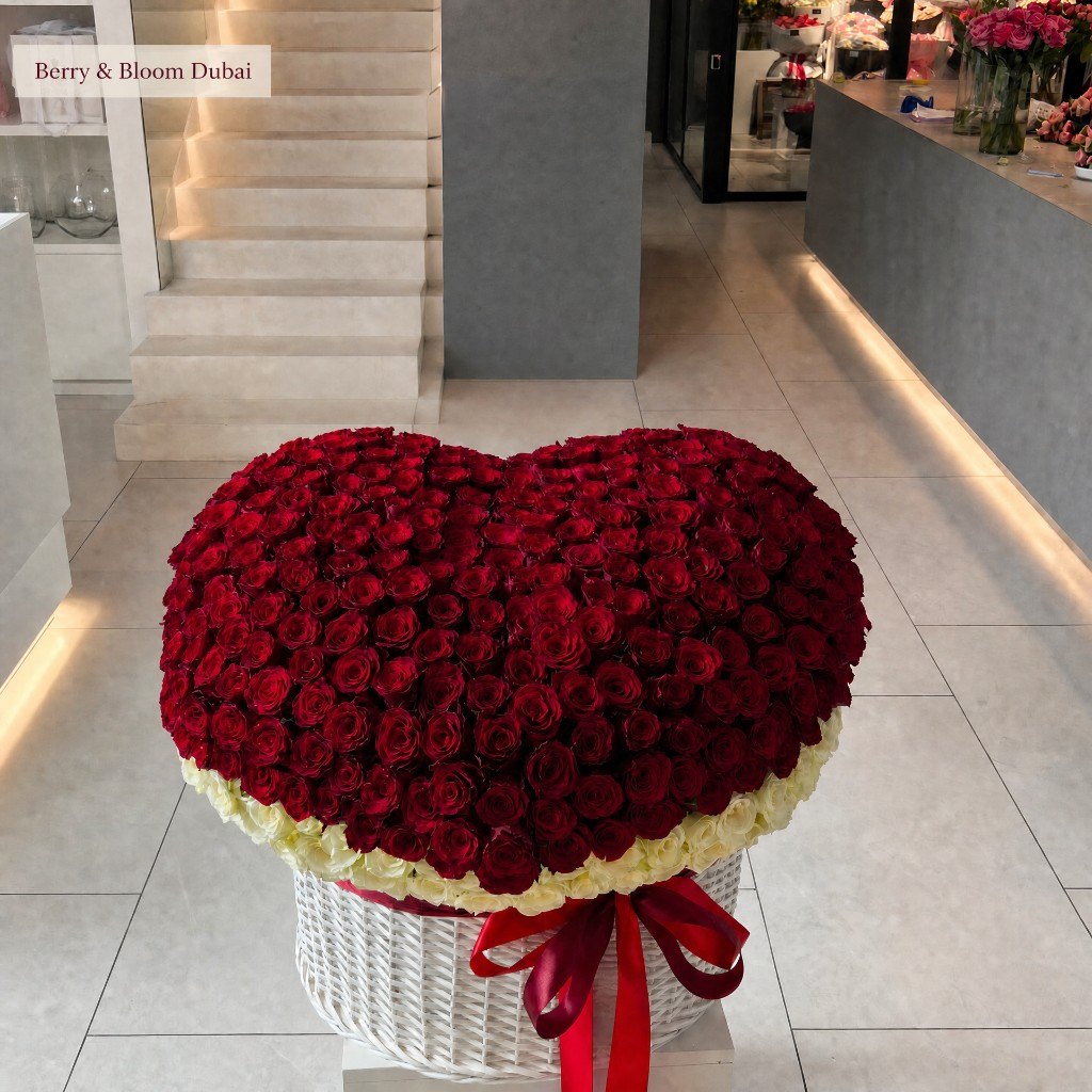 A red and white rose heart in a white wicker basket
