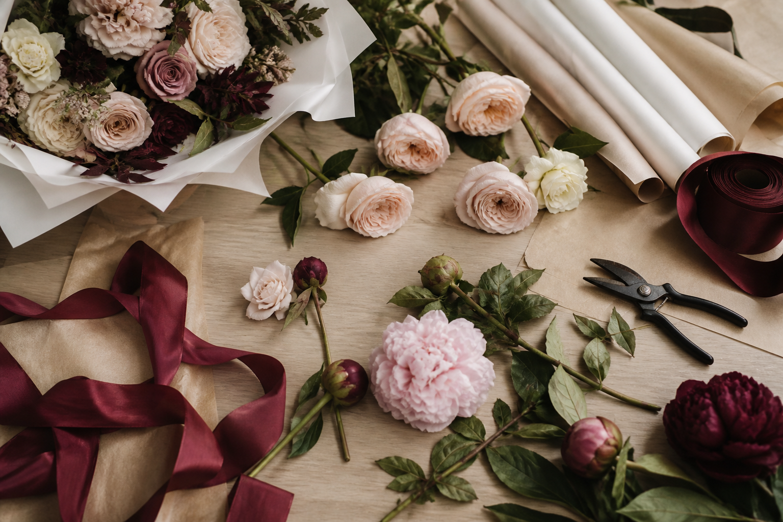 The Berry & Bloom atelier table with roses, wrapping paper, and shears