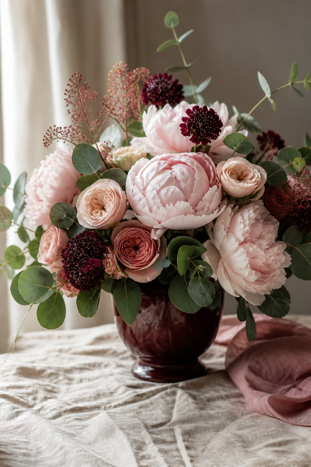 A hand-tied Berry & Bloom bouquet of blush peonies and garden roses
